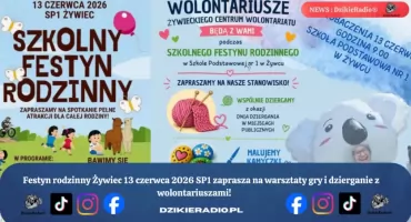 Wspólnota i zabawa podczas Szkolnego Festynu Rodzinnego w Żywcu w czerwcu 2026.